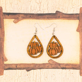 Fall Pumpkin earrings - Hand made jewelry, Wood Dangle Teardrop earrings