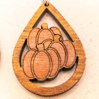 Fall Pumpkin earrings - Hand made jewelry, Wood Dangle Teardrop earrings