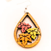 Fall leaf earrings, Autumn leaves - Hand made jewelry, Wood Dangle Teardrop earrings