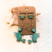 Mommy and me Crab earring set, cute beach earring set, tiny blue crabs stud earrings and dangle earrings, Ocean Lover Gift