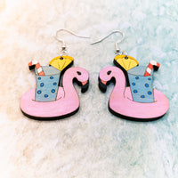 Flamingo Pool Float Dangle earrings - Hand made jewelry, Laser Cut wood - Summer Gift, Summer Jewellery