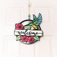 Hummingbird Garden Welcome sign - Floral Door sign- Wooden Round Sign