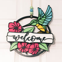 Hummingbird Garden Welcome sign - Floral Door sign- Wooden Round Sign