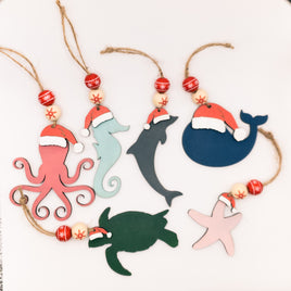 Sea Life Santa ornament Set, Beach Christmas Tree Ornament Set, Wooden Ornament, Gift Decoration