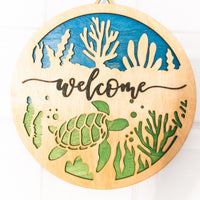 Beach Life Welcome sign - Turtle, Crab, fish or seahorse Door signs- Wooden Round Entrance Sign, Nautical Theme, Personalized sign