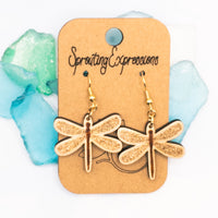 Dragonfly Dangle earrings - Hand made damselfly jewelry, Laser Cut wood - Summer Gift