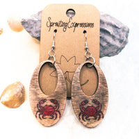 Crab Dangle earrings on weathered wood - Hand made jewelry, Shellfish, Laser Cut wood - Summer Gift, Summer Jewellery