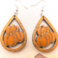 Fall Pumpkin earrings - Hand made jewelry, Wood Dangle Teardrop earrings