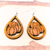 Fall Pumpkin earrings - Hand made jewelry, Wood Dangle Teardrop earrings