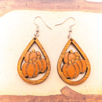 Fall Pumpkin earrings - Hand made jewelry, Wood Dangle Teardrop earrings