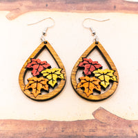 Fall leaf earrings, Autumn leaves - Hand made jewelry, Wood Dangle Teardrop earrings