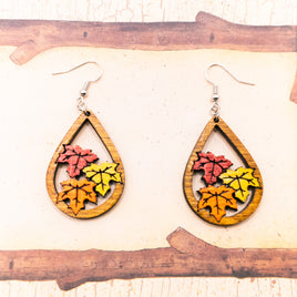 Fall leaf earrings, Autumn leaves - Hand made jewelry, Wood Dangle Teardrop earrings