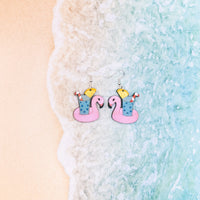 Flamingo Pool Float Dangle earrings - Hand made jewelry, Laser Cut wood - Summer Gift, Summer Jewellery