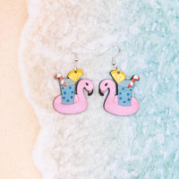 Flamingo Pool Float Dangle earrings - Hand made jewelry, Laser Cut wood - Summer Gift, Summer Jewellery