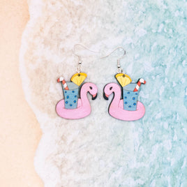 Flamingo Pool Float Dangle earrings - Hand made jewelry, Laser Cut wood - Summer Gift, Summer Jewellery