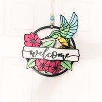 Hummingbird Garden Welcome sign - Floral Door sign- Wooden Round Sign