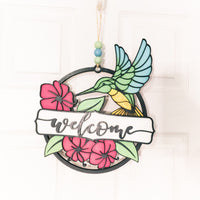 Hummingbird Garden Welcome sign - Floral Door sign- Wooden Round Sign