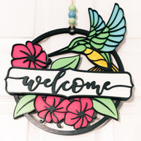 Hummingbird Garden Welcome sign - Floral Door sign- Wooden Round Sign