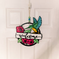 Hummingbird Garden Welcome sign - Floral Door sign- Wooden Round Sign