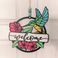 Hummingbird Garden Welcome sign - Floral Door sign- Wooden Round Sign