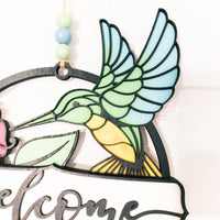 Hummingbird Garden Welcome sign - Floral Door sign- Wooden Round Sign