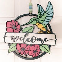 Hummingbird Garden Welcome sign - Floral Door sign- Wooden Round Sign