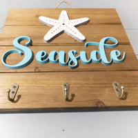 Starfish sign, Seaside beach house decor, Key Holder for Wall, Key Hanger, House Warming Present, Sign with hooks, Coastal Accents