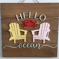 Hello Ocean sign, Beach House decor, Adirondack Chair, Crab Wall Decor, wood pallet sign, Vacation Rental decor, Coastal Accents