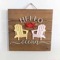 Hello Ocean sign, Beach House decor, Adirondack Chair, Crab Wall Decor, wood pallet sign, Vacation Rental decor, Coastal Accents