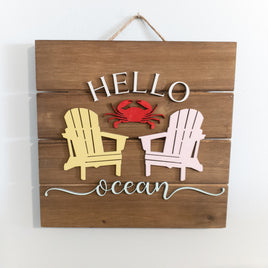 Hello Ocean sign, Beach House decor, Adirondack Chair, Crab Wall Decor, wood pallet sign, Vacation Rental decor, Coastal Accents