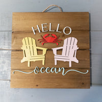 Hello Ocean sign, Beach House decor, Adirondack Chair, Crab Wall Decor, wood pallet sign, Vacation Rental decor, Coastal Accents
