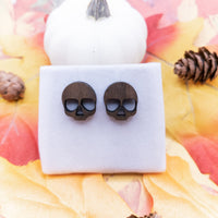 Skull stud Earrings, Halloween Statement Earrings, skeleton earrings, creepy earrings, walnut wood