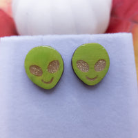 Green Alien Earrings, Extraterrestrial Space Statement Earrings, pierced stud earrings, Halloween Jewelry