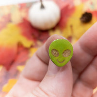 Green Alien Earrings, Extraterrestrial Space Statement Earrings, pierced stud earrings, Halloween Jewelry