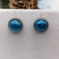 Blue sparkle earrings, Small dome Stud Earrings, Round dot Post Earrings, Everyday Earring, resin jewelry, unisex earrings