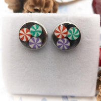 Christmas Earrings, Peppermint Candy, Round Dot Stud Earrings, Unisex studs, Christmas Candies, Resin Jewelry