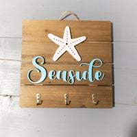Starfish sign, Seaside beach house decor, Key Holder for Wall, Key Hanger, House Warming Present, Sign with hooks, Coastal Accents
