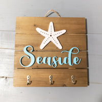 Starfish sign, Seaside beach house decor, Key Holder for Wall, Key Hanger, House Warming Present, Sign with hooks, Coastal Accents