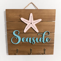 Starfish sign, Seaside beach house decor, Key Holder for Wall, Key Hanger, House Warming Present, Sign with hooks, Coastal Accents