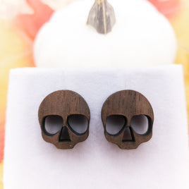 Skull stud Earrings, Halloween Statement Earrings, skeleton earrings, creepy earrings, walnut wood