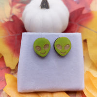 Green Alien Earrings, Extraterrestrial Space Statement Earrings, pierced stud earrings, Halloween Jewelry