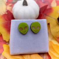 Green Alien Earrings, Extraterrestrial Space Statement Earrings, pierced stud earrings, Halloween Jewelry
