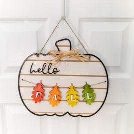 Hello Fall Pumpkin sign, Fall Leaves wall sign, Autumn decoration, halloween Decor, fall Decor, Thanksgiving decoration