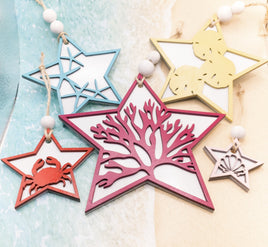 Coastal Decorations, Sea Life ornament Set, Beach Christmas Tree Ornament Set, Wooden Ornaments, Starfish, Sand Dollar, Crab, Shell, Seaweed