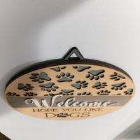 Welcome Sign, Dogs, Paw Prints, Wall Decor, Hanging Sign, Handmade