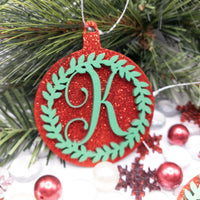 Initial Ornament, Monogram Ornament, Glitter Christmas Ball, Wreath Ornament, Christmas Tree Ornament, Wooden Custom Ornament