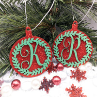 Initial Ornament, Monogram Ornament, Glitter Christmas Ball, Wreath Ornament, Christmas Tree Ornament, Wooden Custom Ornament