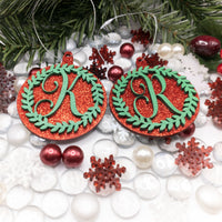 Initial Ornament, Monogram Ornament, Glitter Christmas Ball, Wreath Ornament, Christmas Tree Ornament, Wooden Custom Ornament