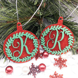 Initial Ornament, Monogram Ornament, Glitter Christmas Ball, Wreath Ornament, Christmas Tree Ornament, Wooden Custom Ornament