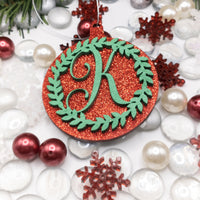 Initial Ornament, Monogram Ornament, Glitter Christmas Ball, Wreath Ornament, Christmas Tree Ornament, Wooden Custom Ornament